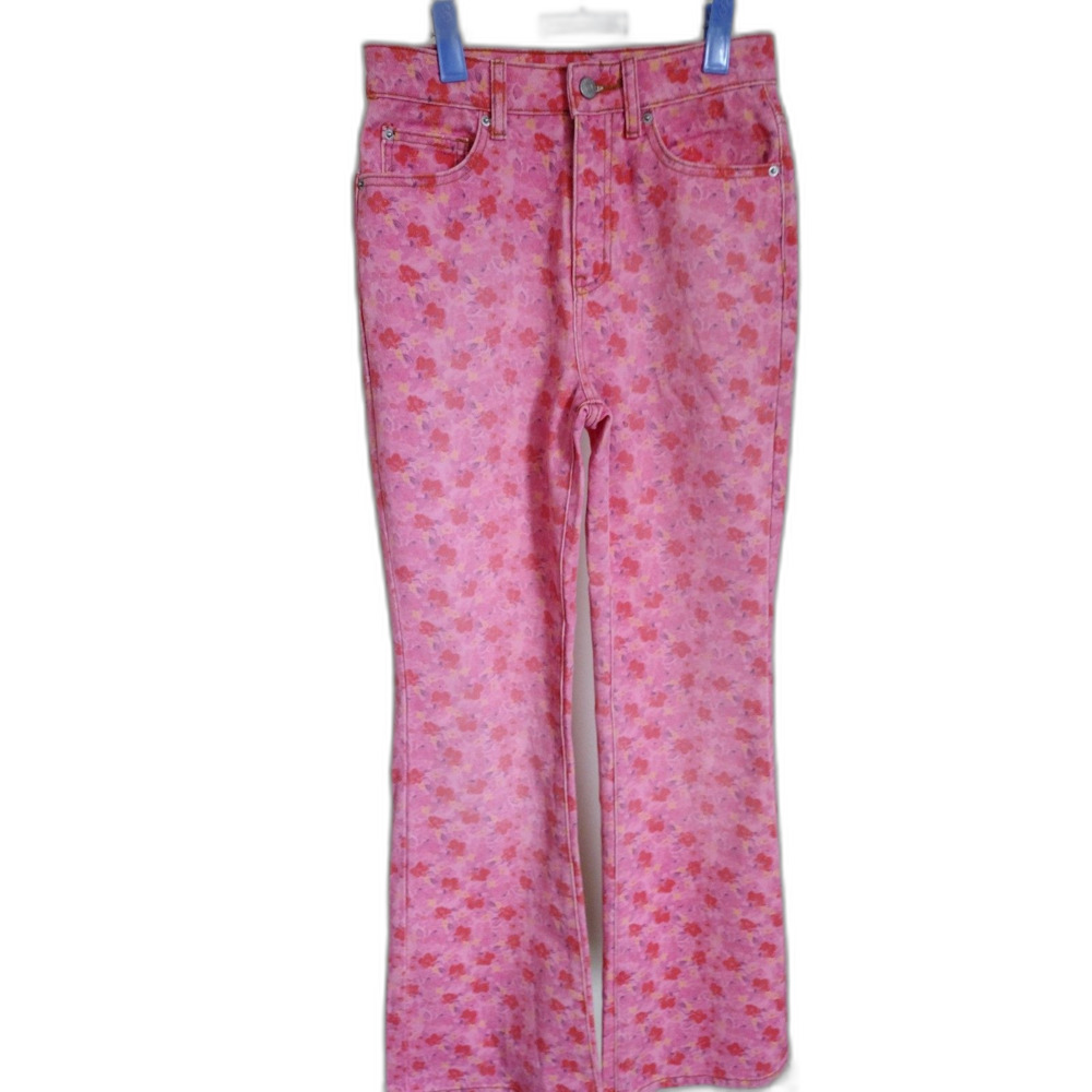 BDG Urban Outfitters High-Rise Flare Jeans Pink Retro Floral Denim Sz 25
